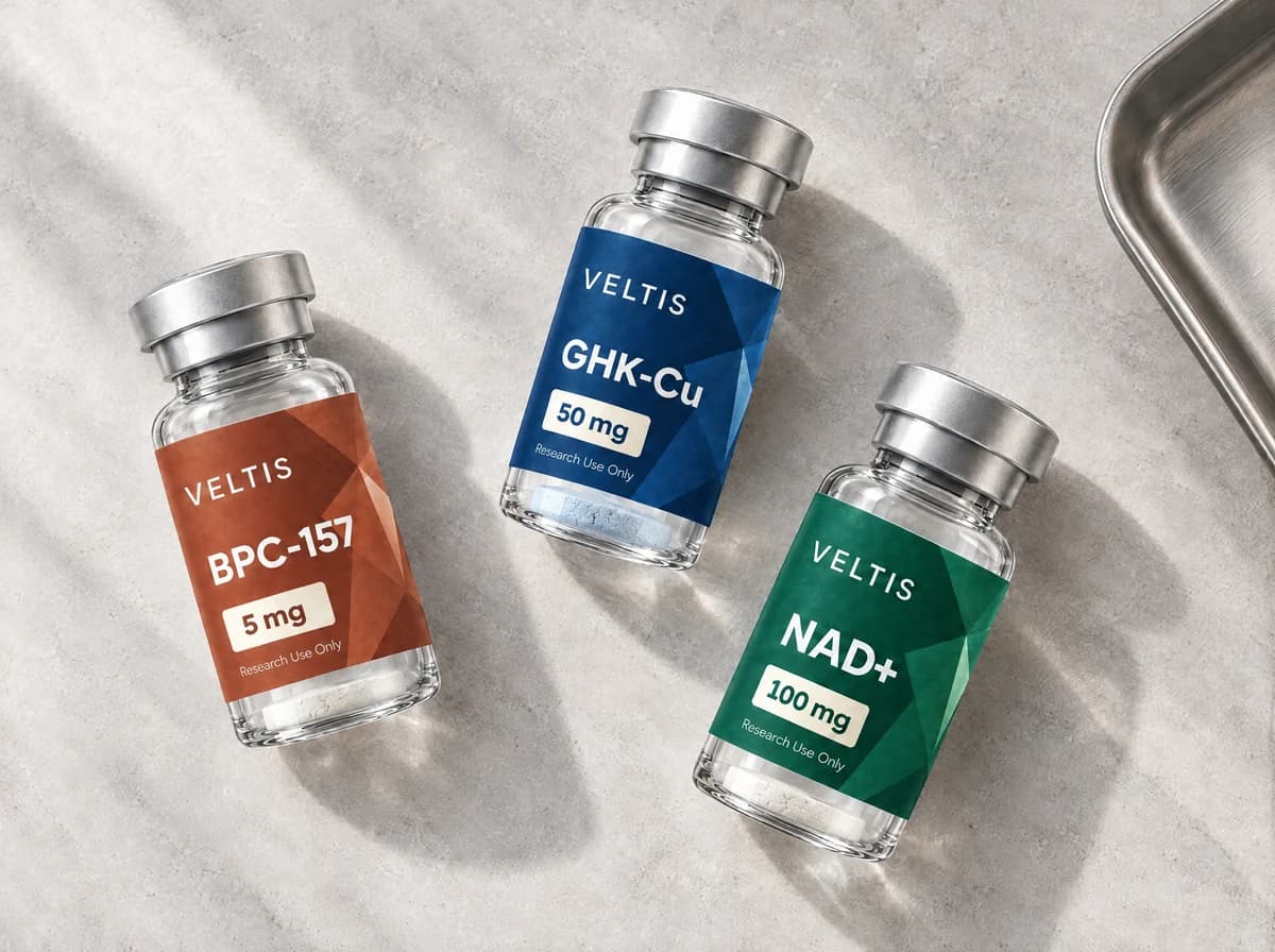 BPC-157 5 mg, GHK-Cu 50 mg y NAD+ 100 mg: polvo liofilizado en una selección ilustrativa para armar tu caja VELTIS.