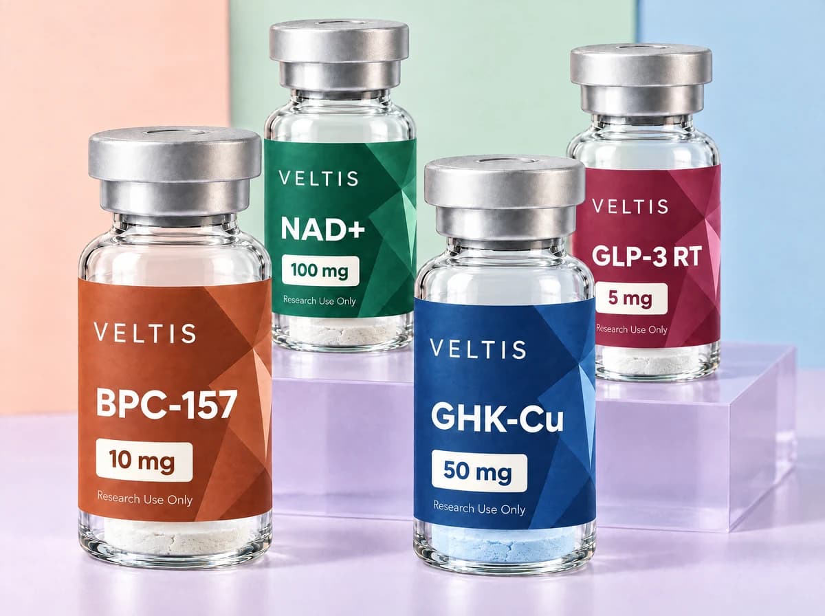 Viales VELTIS con polvo liofilizado de BPC-157 10 mg, NAD+ 100 mg, GHK-Cu 50 mg y GLP-3 RT 5 mg sobre bases lavanda y fondos pastel.